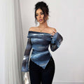 StreetStyle Knitted Mesh Off-Shoulder Long Sleeve T-Shirt – Geometric Pattern Design | Phonax Services