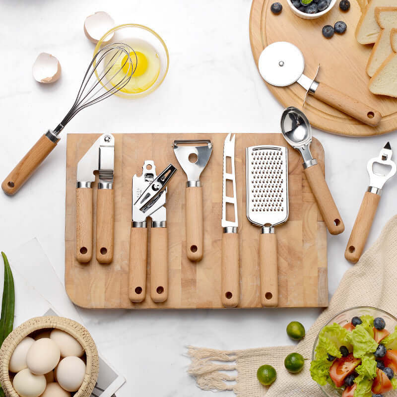 11-Piece Wooden Handle Kitchen Gadget Set – Stainless Steel Cooking Tools | Phonax Services