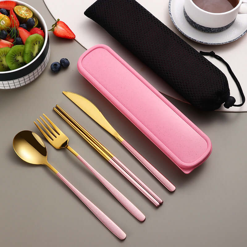 304 Stainless Steel Dinnerware Travel Set – Portable 4-Piece Flatware with Mesh Bag (Spoon, Fork, Knife, Chopsticks) | Phonax Services