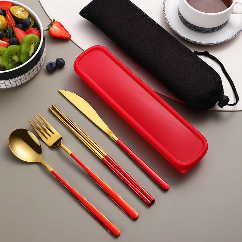 304 Stainless Steel Dinnerware Travel Set – Portable 4-Piece Flatware with Mesh Bag (Spoon, Fork, Knife, Chopsticks) | Phonax Services