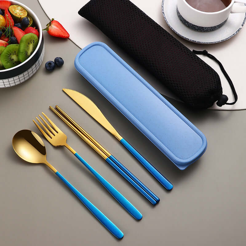 304 Stainless Steel Dinnerware Travel Set – Portable 4-Piece Flatware with Mesh Bag (Spoon, Fork, Knife, Chopsticks) | Phonax Services