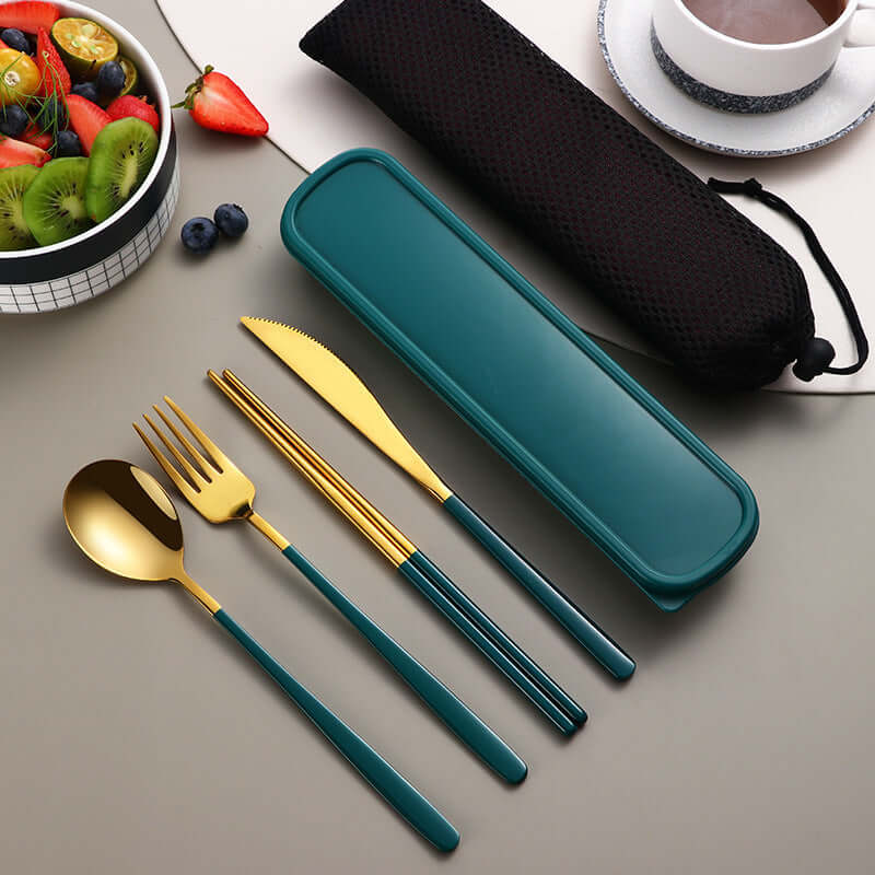 304 Stainless Steel Dinnerware Travel Set – Portable 4-Piece Flatware with Mesh Bag (Spoon, Fork, Knife, Chopsticks) | Phonax Services