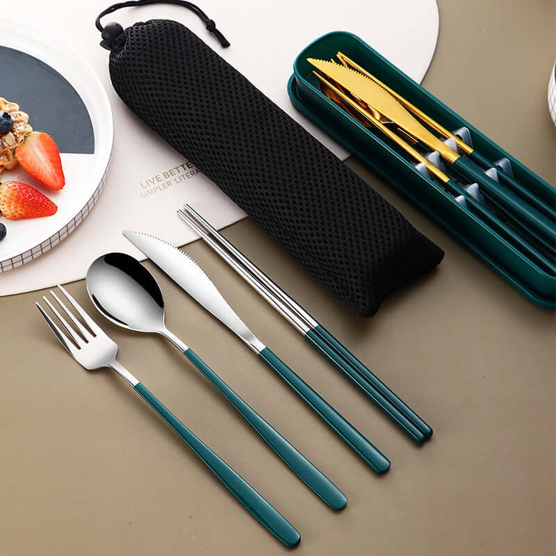 304 Stainless Steel Dinnerware Travel Set – Portable 4-Piece Flatware with Mesh Bag (Spoon, Fork, Knife, Chopsticks) | Phonax Services