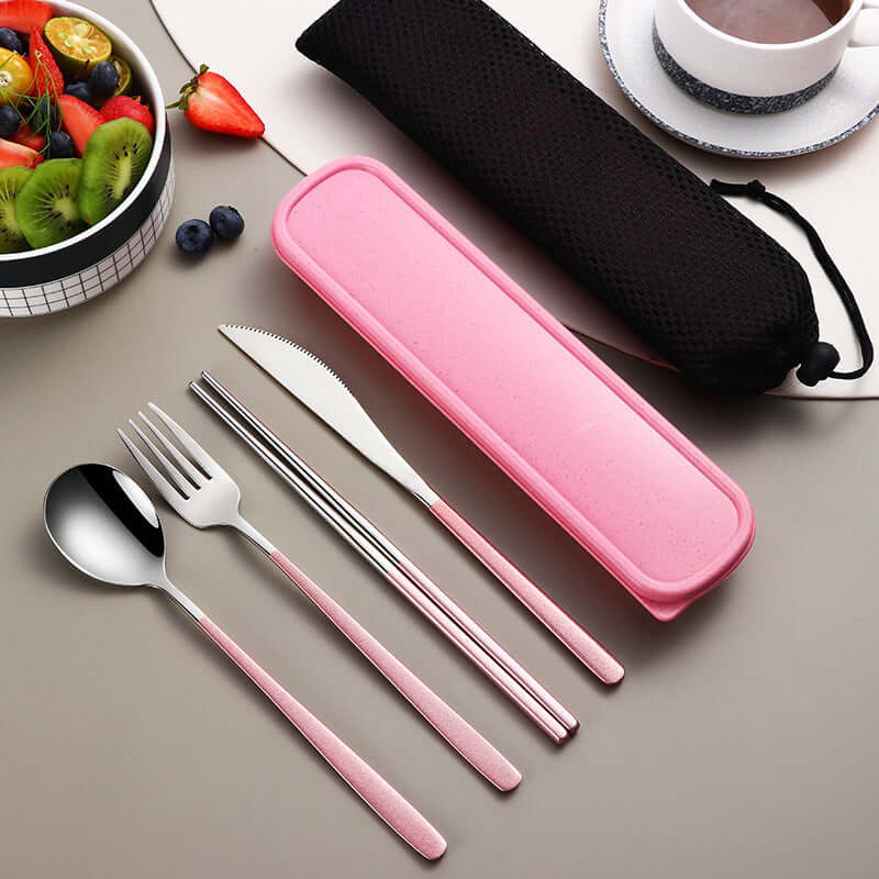 304 Stainless Steel Dinnerware Travel Set – Portable 4-Piece Flatware with Mesh Bag (Spoon, Fork, Knife, Chopsticks) | Phonax Services