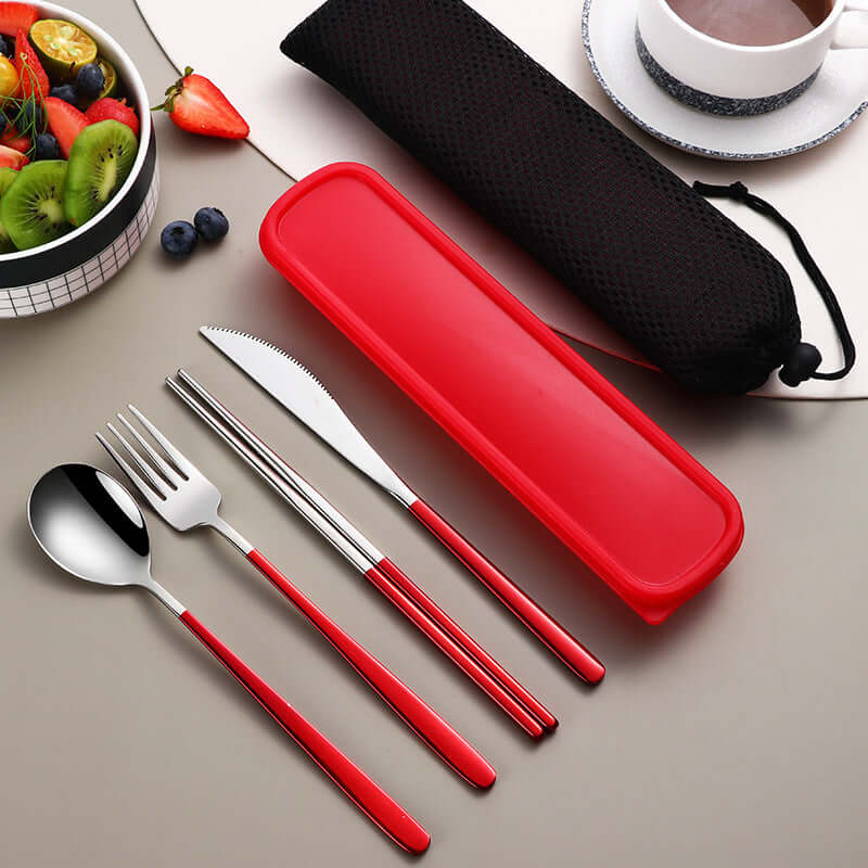 304 Stainless Steel Dinnerware Travel Set – Portable 4-Piece Flatware with Mesh Bag (Spoon, Fork, Knife, Chopsticks) | Phonax Services