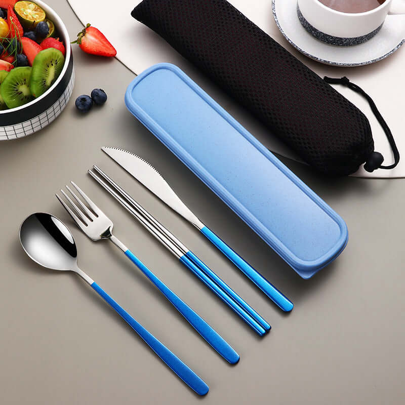 304 Stainless Steel Dinnerware Travel Set – Portable 4-Piece Flatware with Mesh Bag (Spoon, Fork, Knife, Chopsticks) | Phonax Services