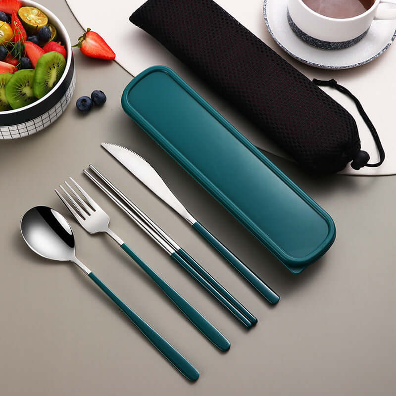 304 Stainless Steel Dinnerware Travel Set – Portable 4-Piece Flatware with Mesh Bag (Spoon, Fork, Knife, Chopsticks) | Phonax Services