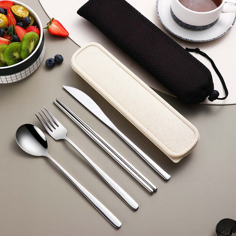 304 Stainless Steel Dinnerware Travel Set – Portable 4-Piece Flatware with Mesh Bag (Spoon, Fork, Knife, Chopsticks) | Phonax Services