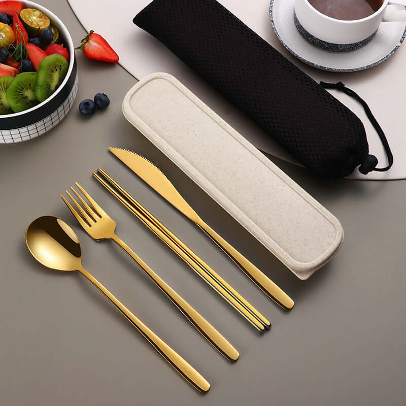 304 Stainless Steel Dinnerware Travel Set – Portable 4-Piece Flatware with Mesh Bag (Spoon, Fork, Knife, Chopsticks) | Phonax Services