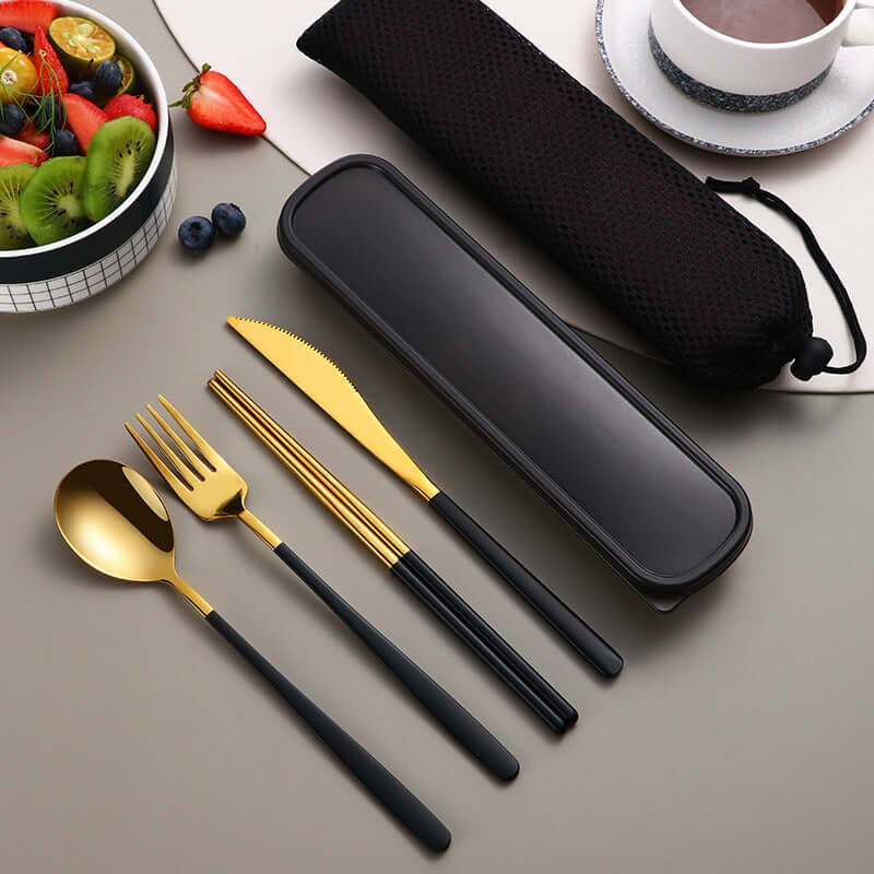 304 Stainless Steel Dinnerware Travel Set – Portable 4-Piece Flatware with Mesh Bag (Spoon, Fork, Knife, Chopsticks) | Phonax Services