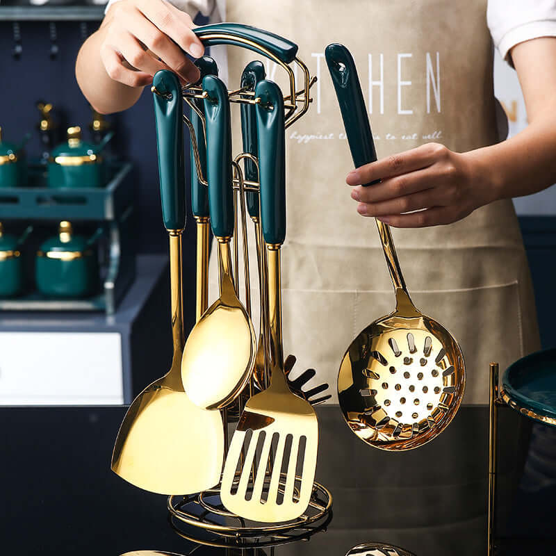 7PCS Stainless Steel Kitchen Utensil Set – Gold Handle Cooking Tools with Holder | Phonax Services | Phonax Services