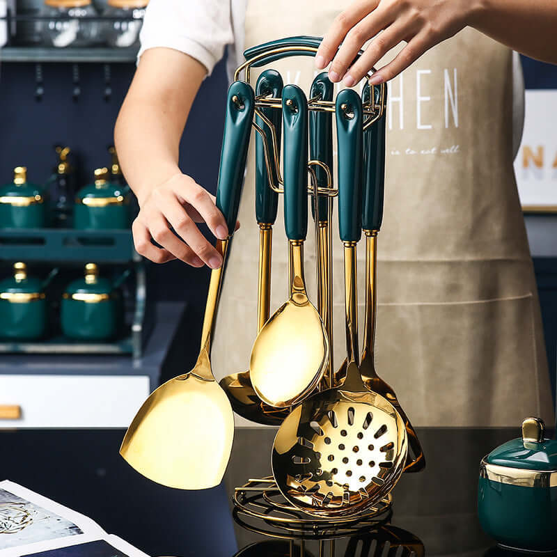 7PCS Stainless Steel Kitchen Utensil Set – Gold Handle Cooking Tools with Holder | Phonax Services | Phonax Services