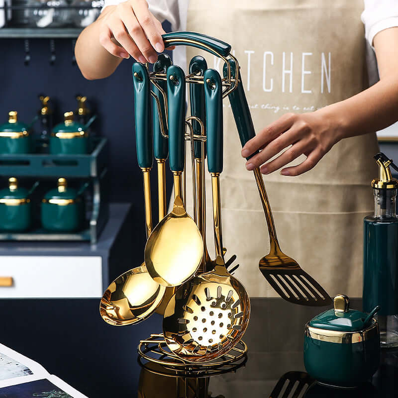 7PCS Stainless Steel Kitchen Utensil Set – Gold Handle Cooking Tools with Holder | Phonax Services | Phonax Services