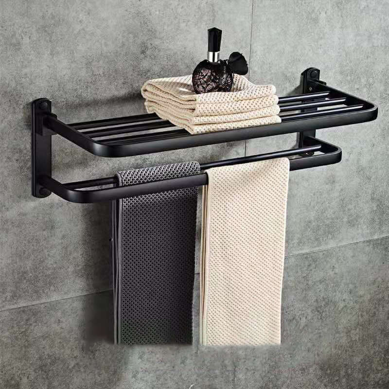 Aluminum Folding Bathroom Towel Rack – Wall Mounted Shelf with Hooks (Punch-Free & Drilled Options) | Phonax Services