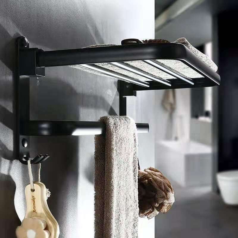 Aluminum Folding Bathroom Towel Rack – Wall Mounted Shelf with Hooks (Punch-Free & Drilled Options) | Phonax Services