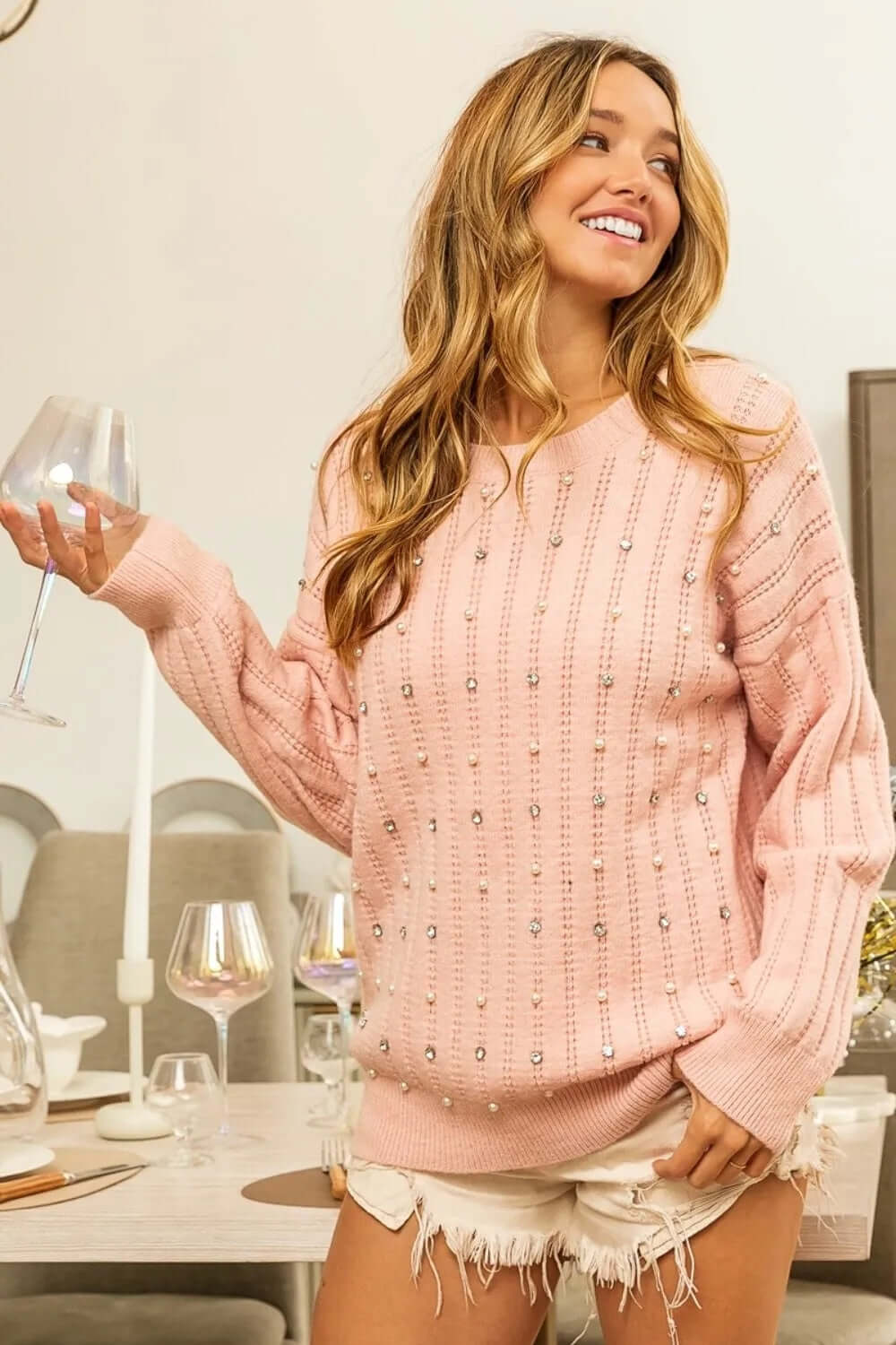 BiBi Pearl and Rhinestone Decor Long Sleeve Sweater – Glamorous Elegance for Any Occasion | Phonax Services