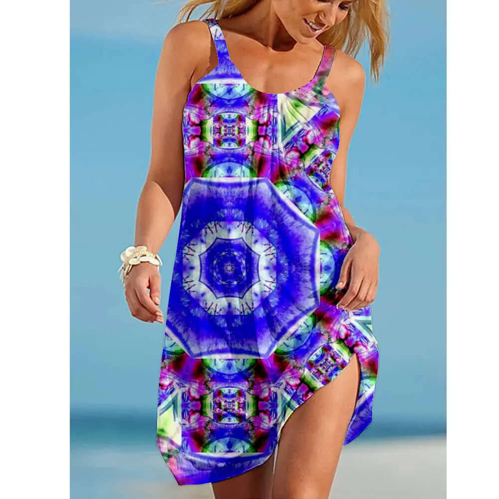 Casual Chic Spaghetti Straps Sleeveless Dress – Vibrant Graffiti Design | Phonax Services