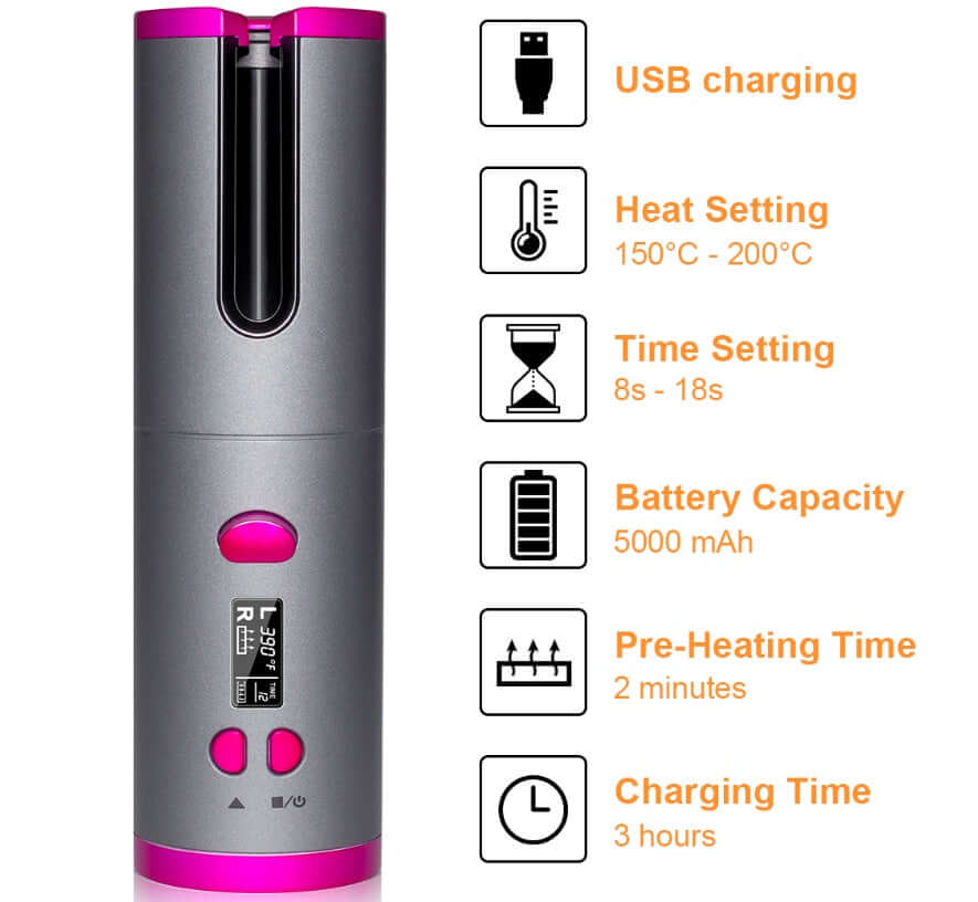 Cordless Auto Hair Curler – USB Rechargeable Curling Iron with LCD Display & Adjustable Heat | Phonax Services