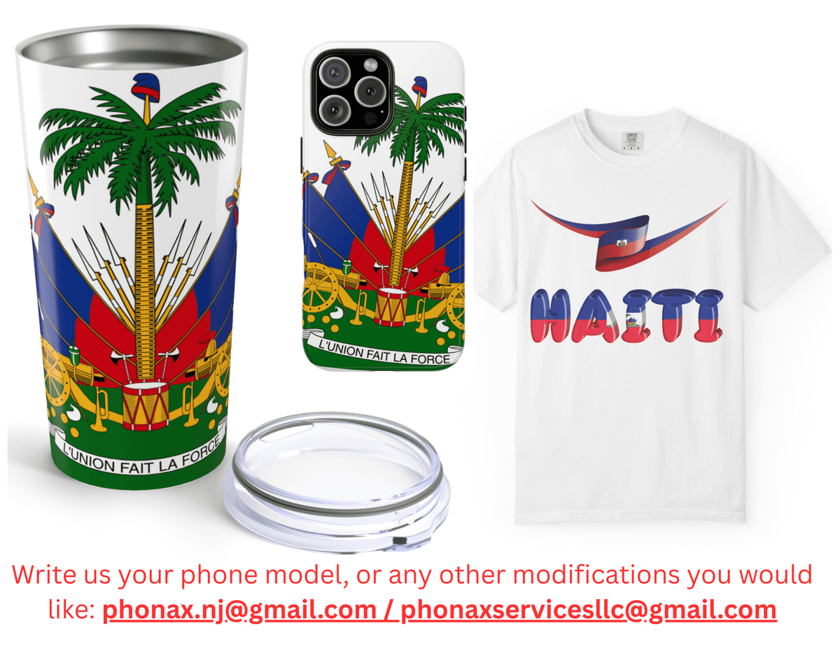 Haitian Flag Collection – Tumbler, T-Shirt & Phone Case with Coat of Arms | Phonax Services