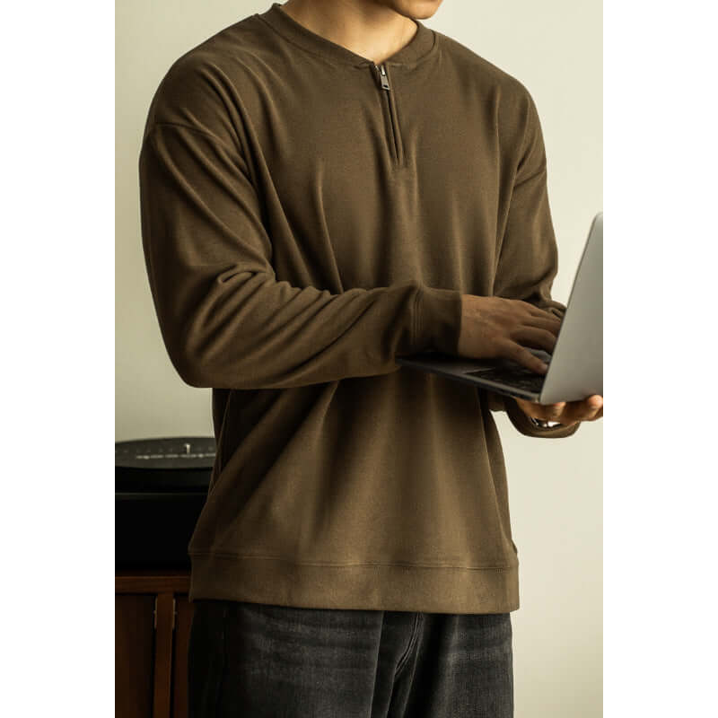 Men’s Zipper Collar Long Sleeve Shirt – Solid Color Casual Pullover Top | Phonax Services