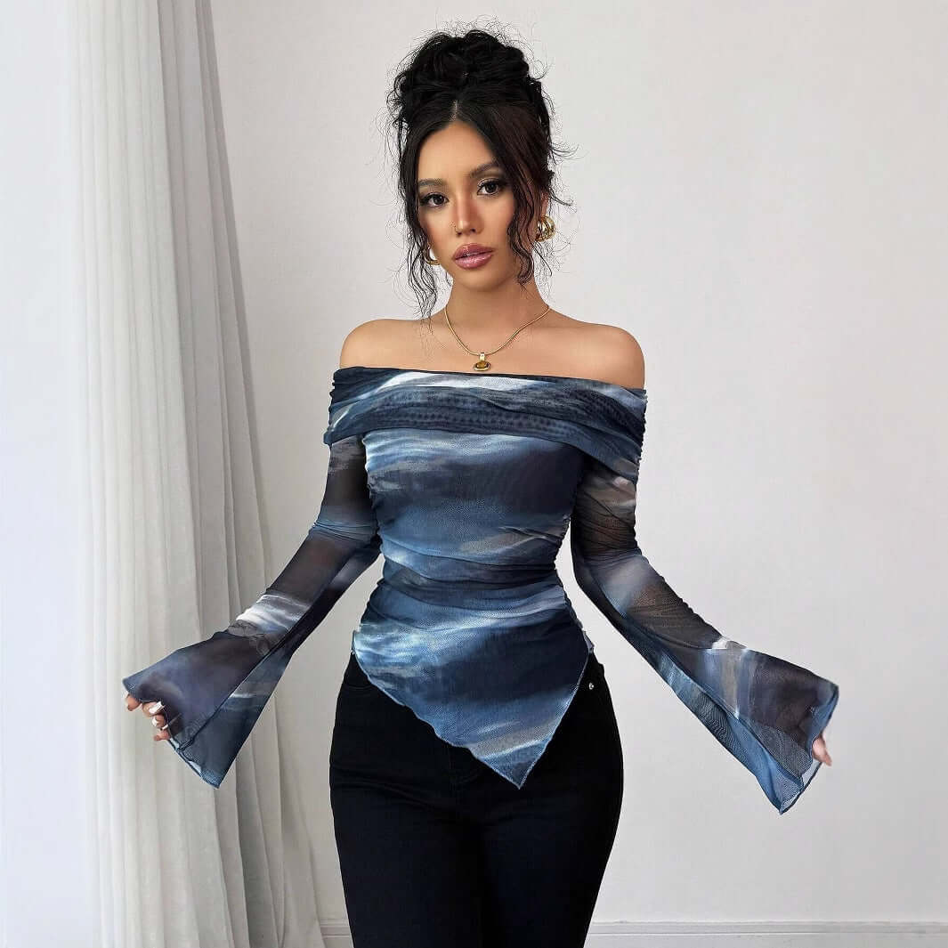 StreetStyle Knitted Mesh Off-Shoulder Long Sleeve T-Shirt – Geometric Pattern Design | Phonax Services