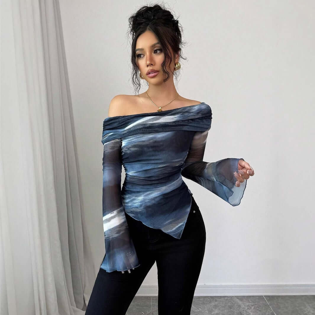 StreetStyle Knitted Mesh Off-Shoulder Long Sleeve T-Shirt – Geometric Pattern Design | Phonax Services