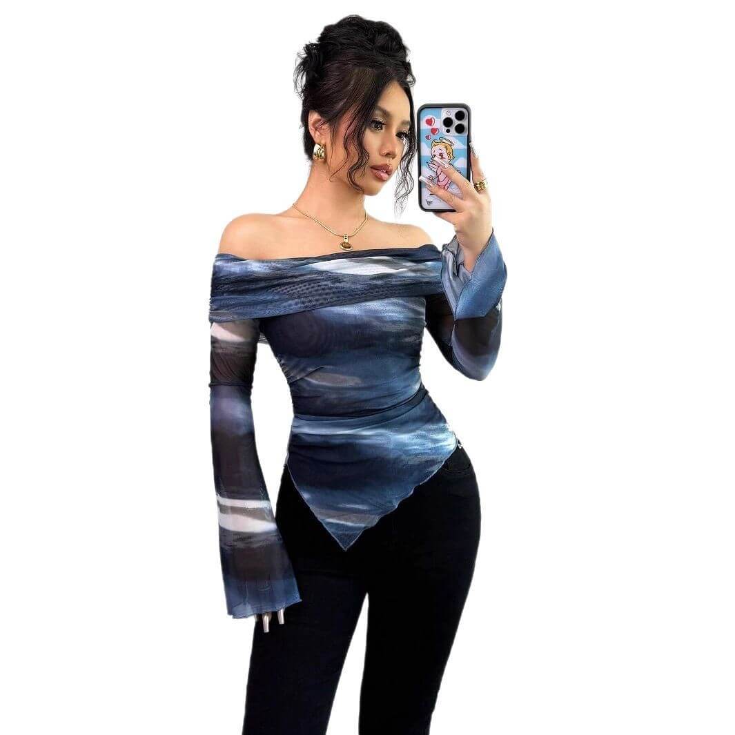 StreetStyle Knitted Mesh Off-Shoulder Long Sleeve T-Shirt – Geometric Pattern Design | Phonax Services