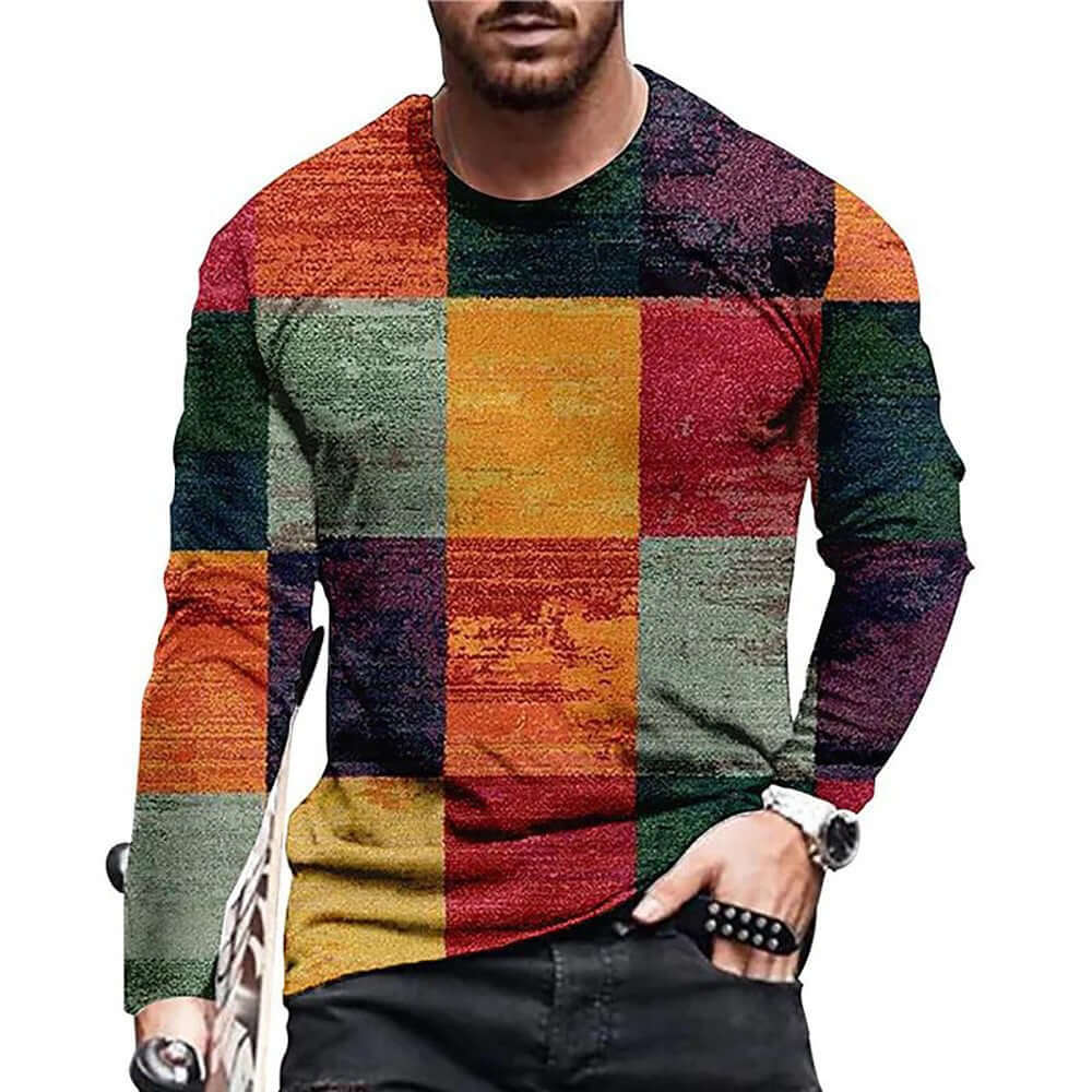 Men’s 3D Printed Patchwork T-Shirt – Casual Long Sleeve Round Neck Pullover | Phonax Services