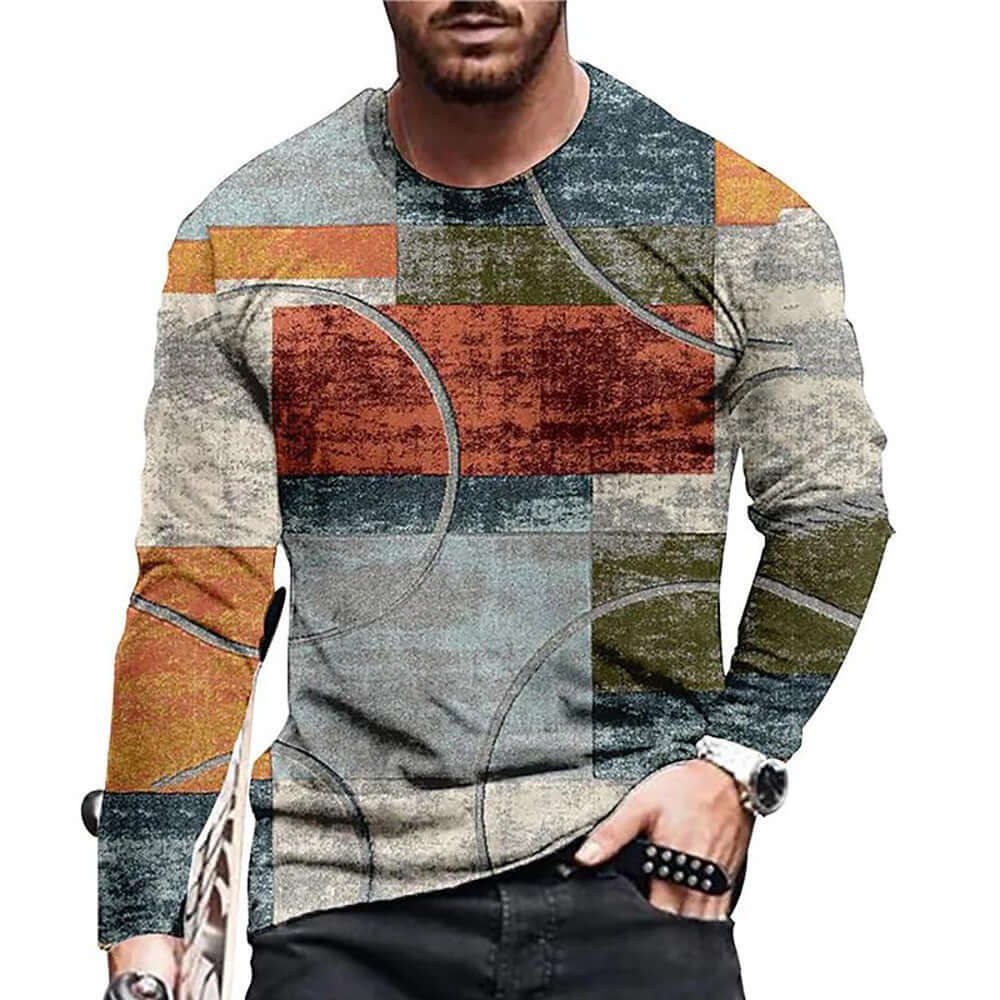 Men’s 3D Printed Patchwork T-Shirt – Casual Long Sleeve Round Neck Pullover | Phonax Services