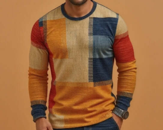 Men’s 3D Printed Patchwork T-Shirt – Casual Long Sleeve Round Neck Pullover | Phonax Services