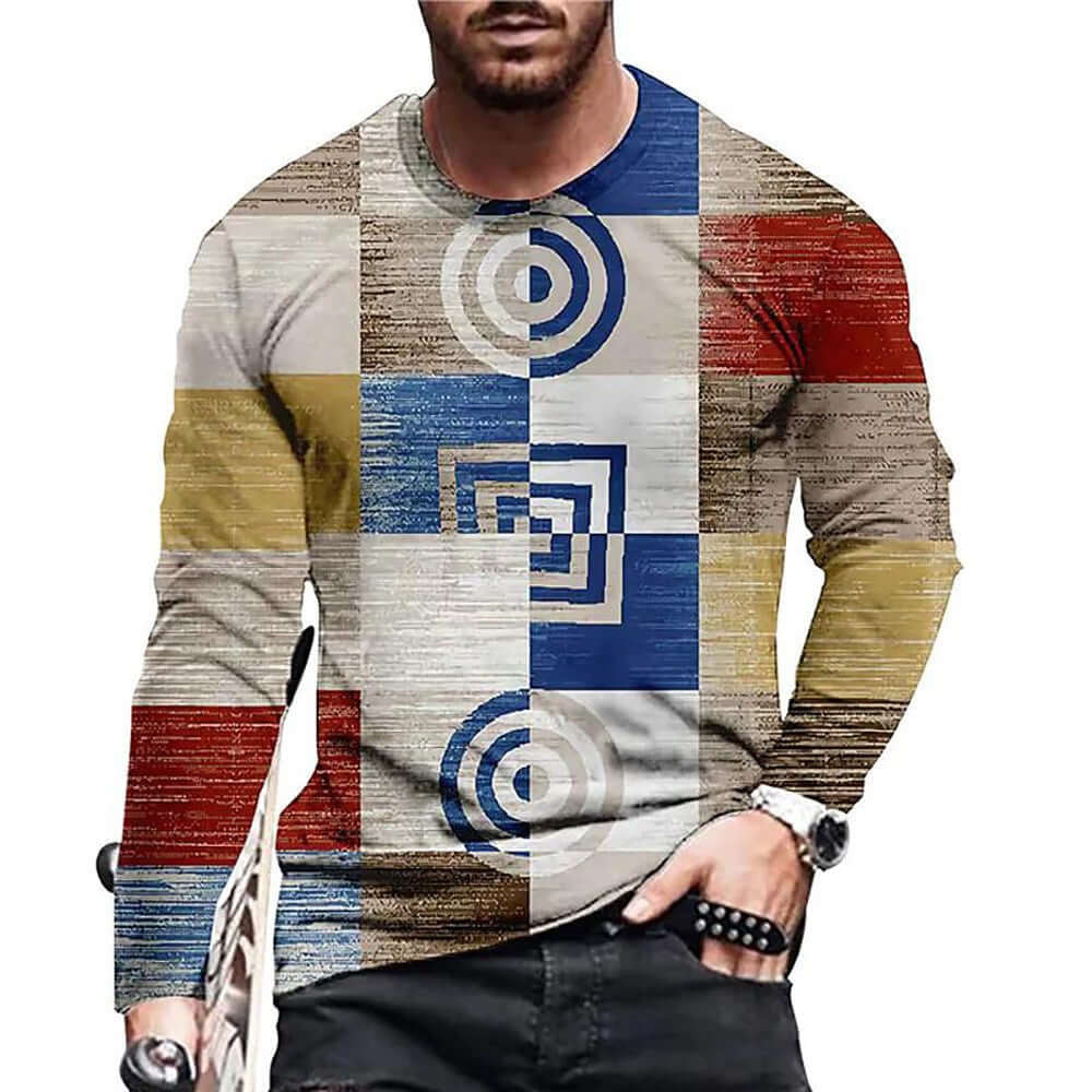 Men’s 3D Printed Patchwork T-Shirt – Casual Long Sleeve Round Neck Pullover | Phonax Services