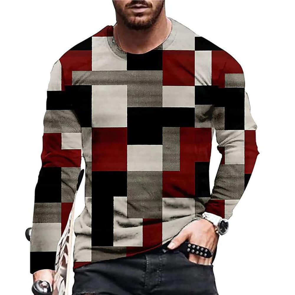 Men’s 3D Printed Patchwork T-Shirt – Casual Long Sleeve Round Neck Pullover | Phonax Services