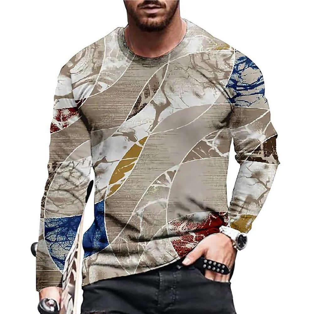 Men’s 3D Printed Patchwork T-Shirt – Casual Long Sleeve Round Neck Pullover | Phonax Services