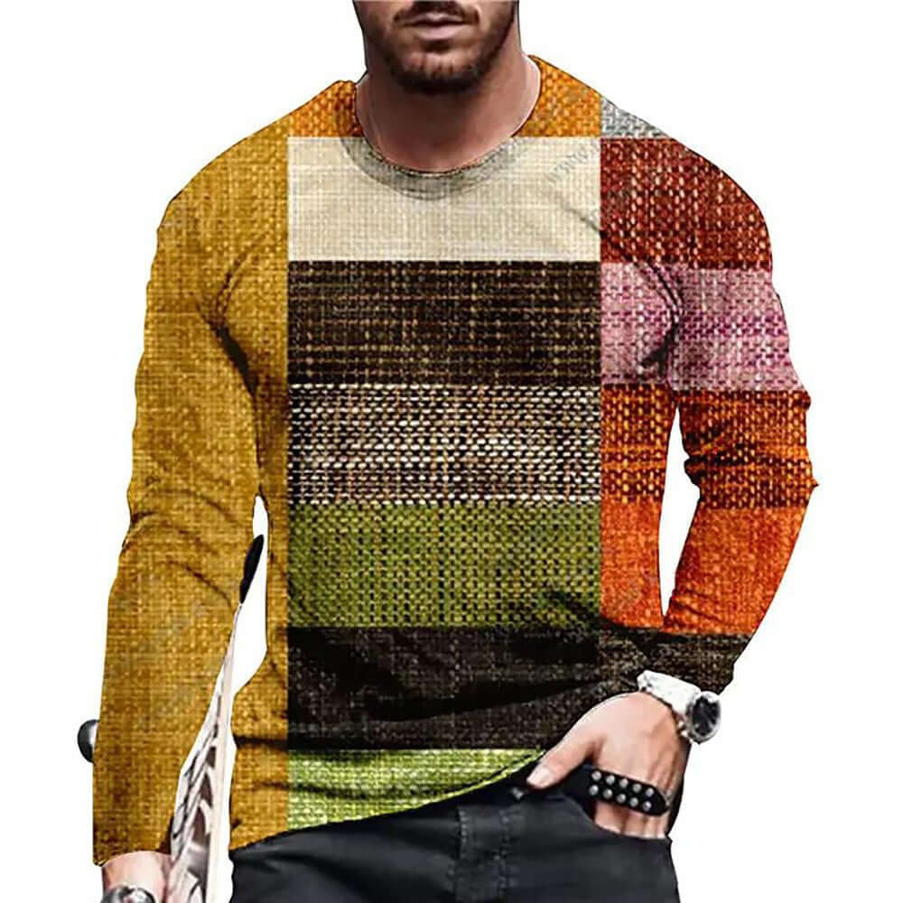 Men’s 3D Printed Patchwork T-Shirt – Casual Long Sleeve Round Neck Pullover | Phonax Services
