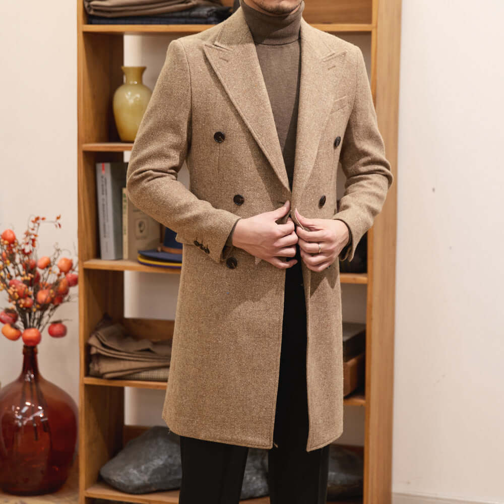 Men’s Double-Breasted Wool Overcoat – Autumn & Winter Long Brown Coat | Phonax Services