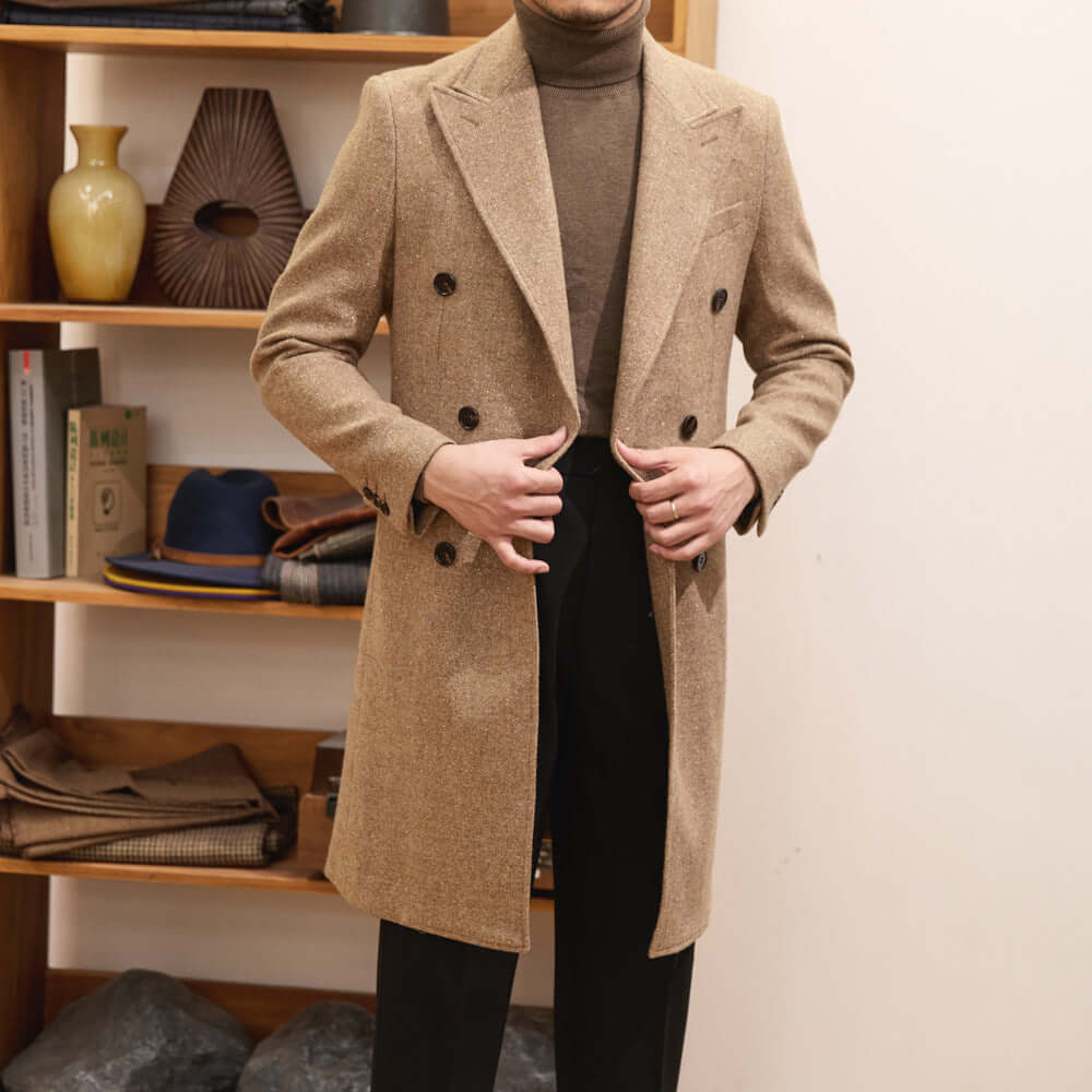 Men’s Double-Breasted Wool Overcoat – Autumn & Winter Long Brown Coat | Phonax Services