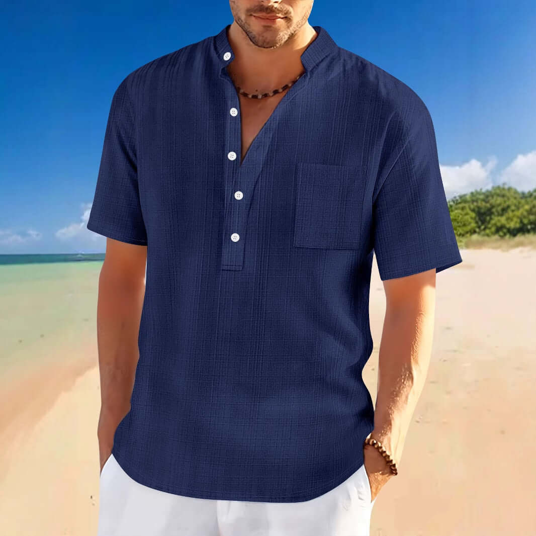 Men’s Loose Fit Stand Collar Henley Shirt – Short Sleeve Summer Vacation Top | Phonax Services