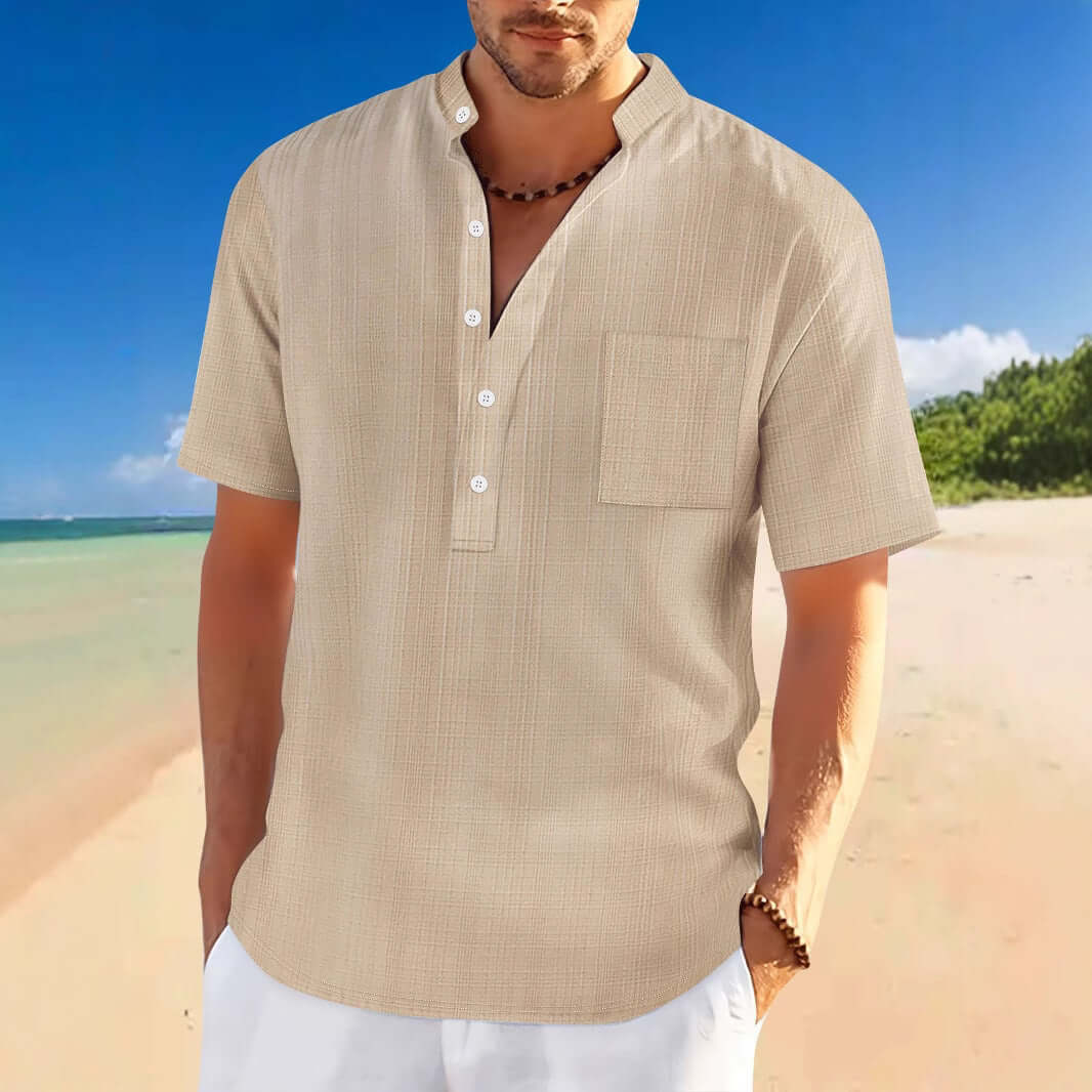 Men’s Loose Fit Stand Collar Henley Shirt – Short Sleeve Summer Vacation Top | Phonax Services