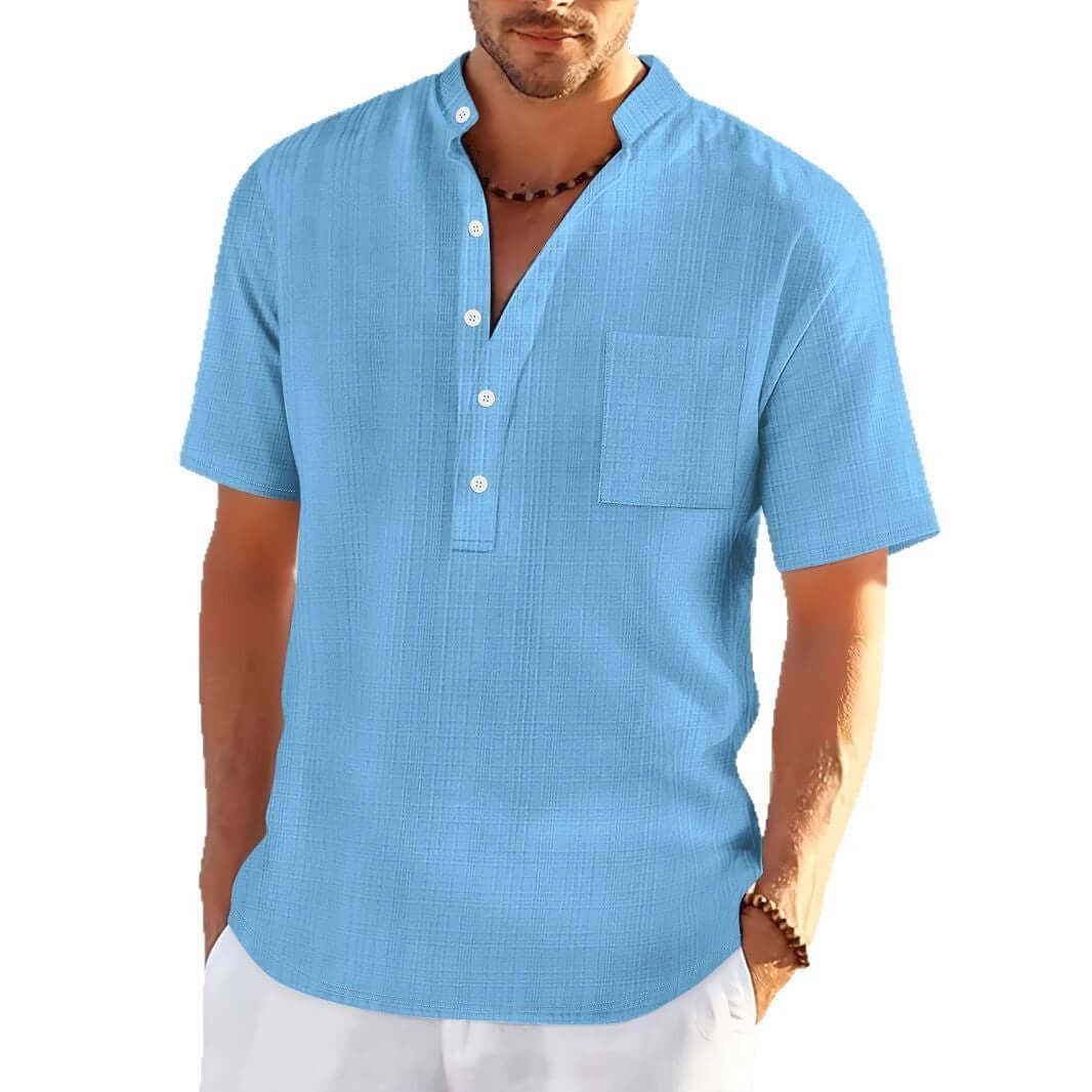 Men’s Loose Fit Stand Collar Henley Shirt – Short Sleeve Summer Vacation Top | Phonax Services