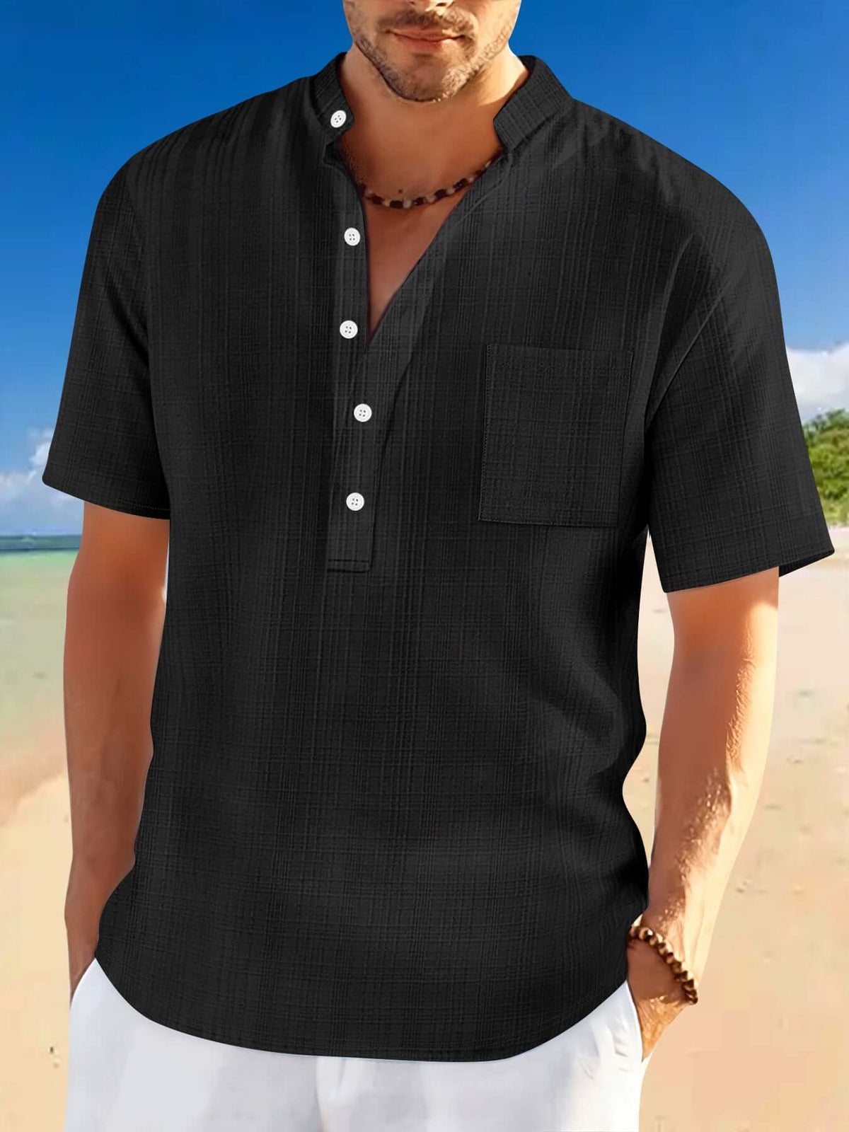 Men’s Loose Fit Stand Collar Henley Shirt – Short Sleeve Summer Vacation Top | Phonax Services
