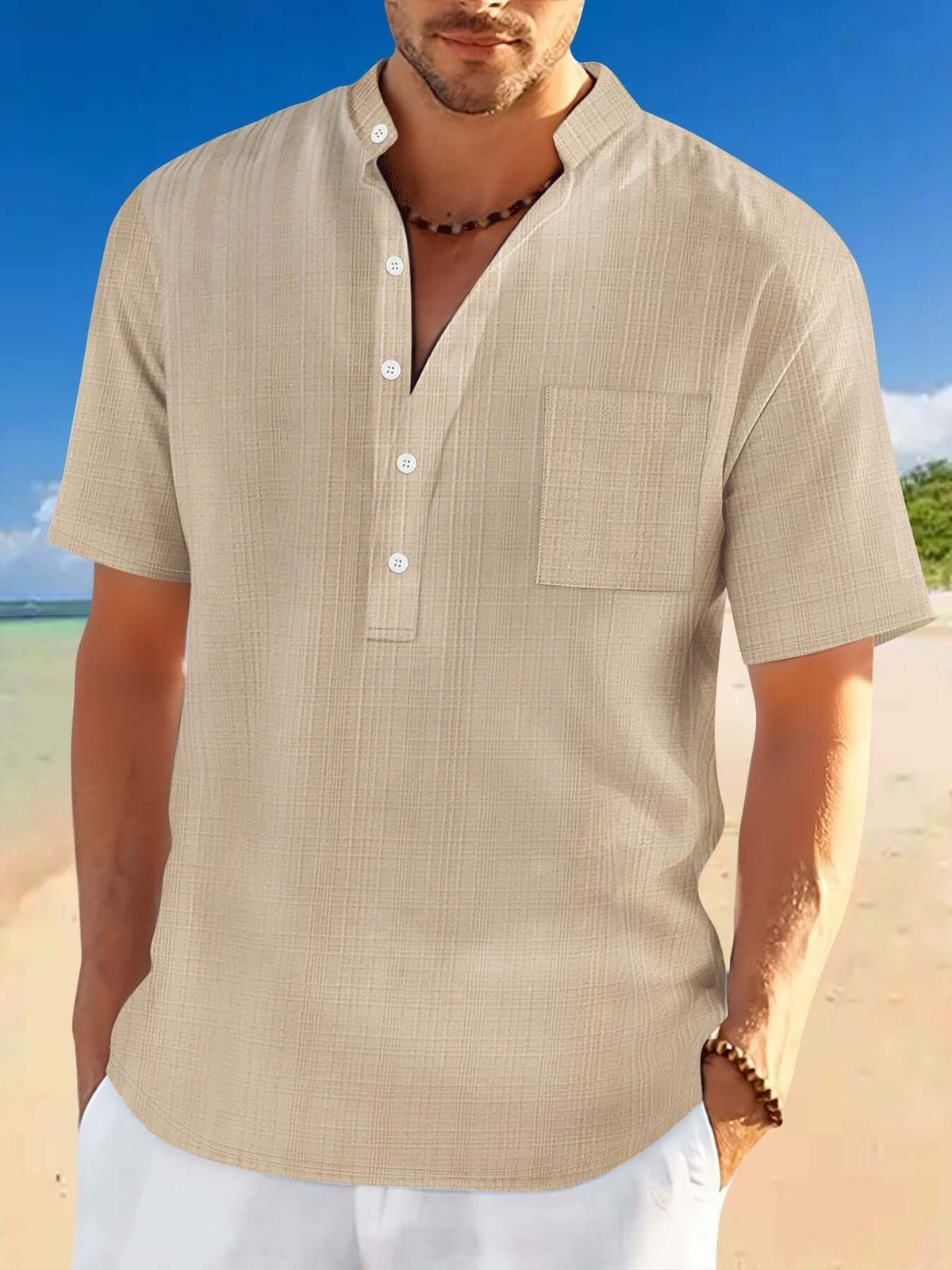 Men’s Loose Fit Stand Collar Henley Shirt – Short Sleeve Summer Vacation Top | Phonax Services