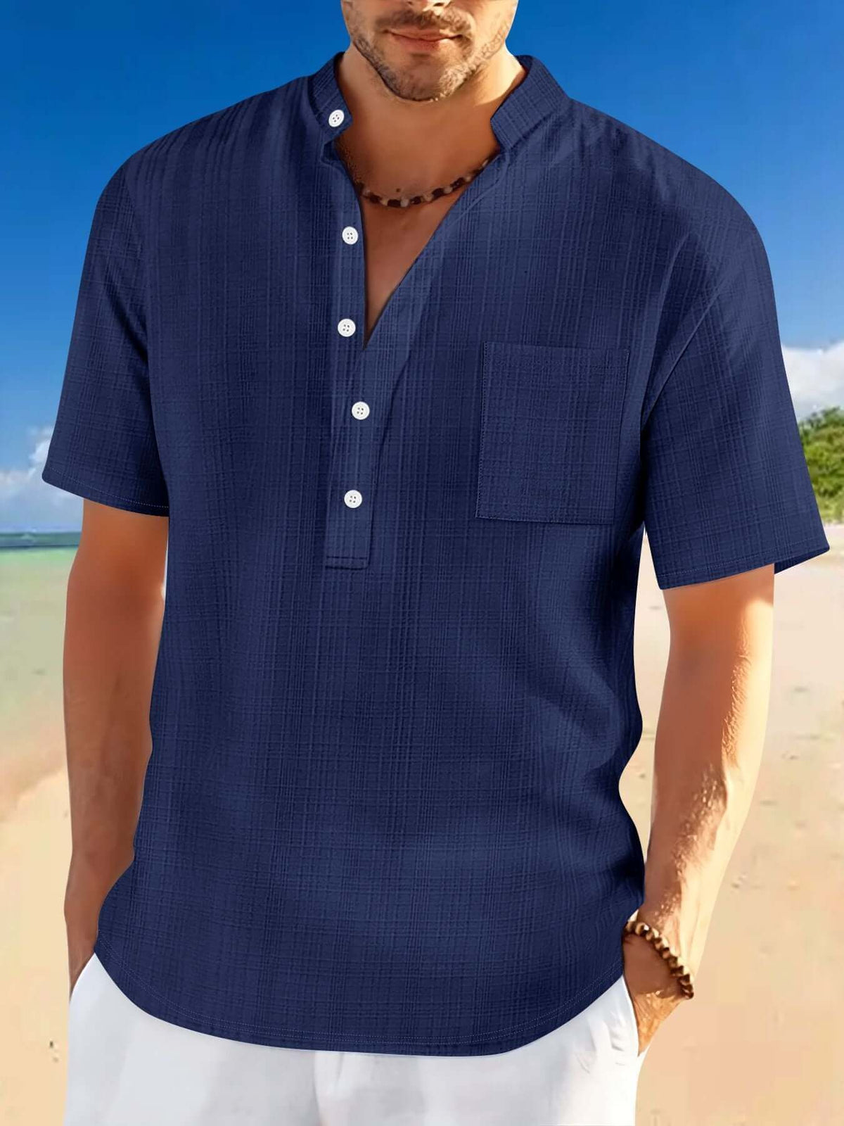 Men’s Loose Fit Stand Collar Henley Shirt – Short Sleeve Summer Vacation Top | Phonax Services
