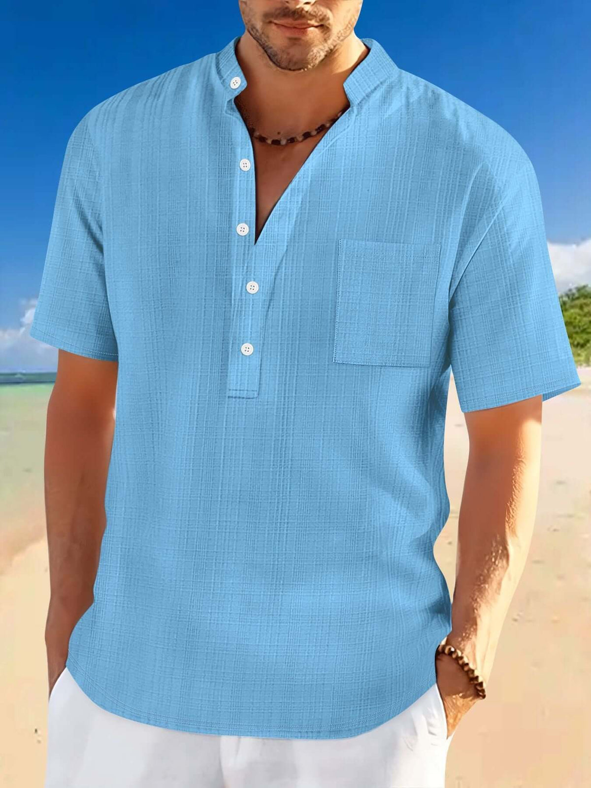 Men’s Loose Fit Stand Collar Henley Shirt – Short Sleeve Summer Vacation Top | Phonax Services