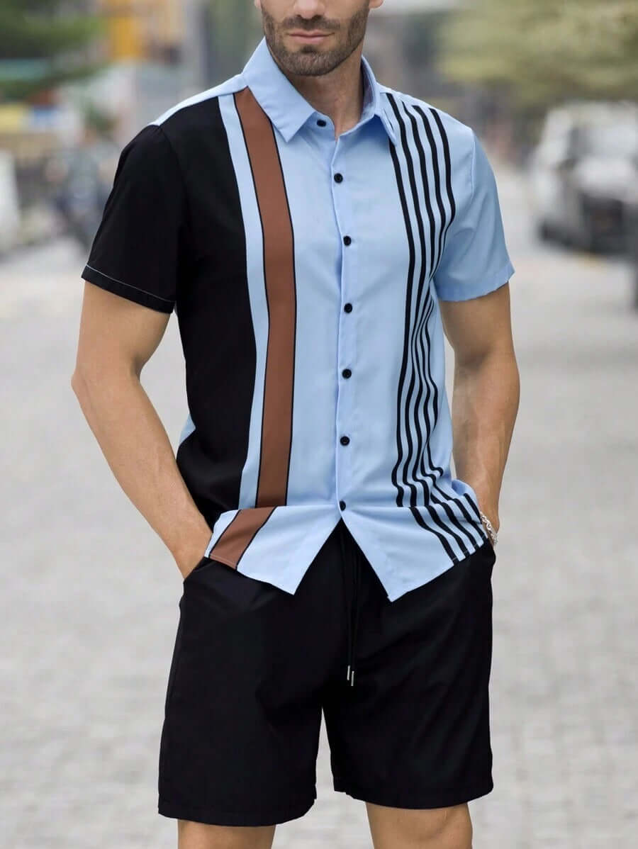 Men’s Summer 2-Piece Set – Short Sleeve Geometric Shirt & Shorts Casual Outfit | Phonax Services