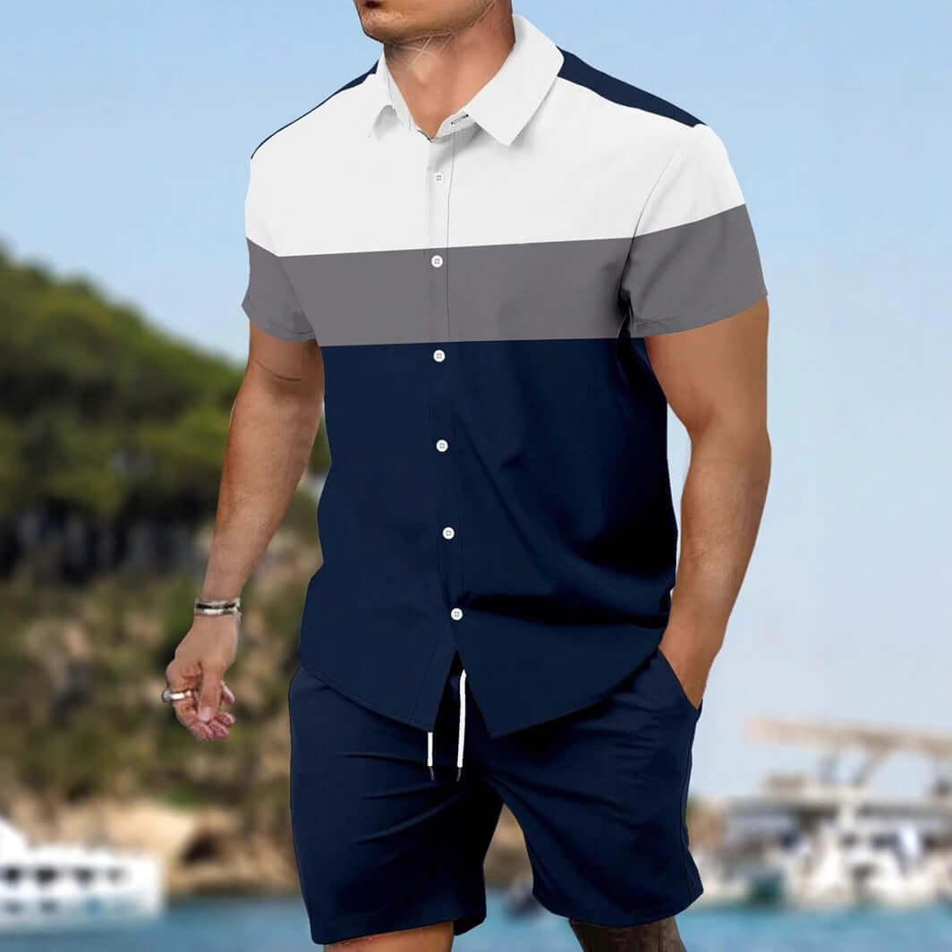 Men’s Summer 2-Piece Set – Short Sleeve Geometric Shirt & Shorts Casual Outfit | Phonax Services
