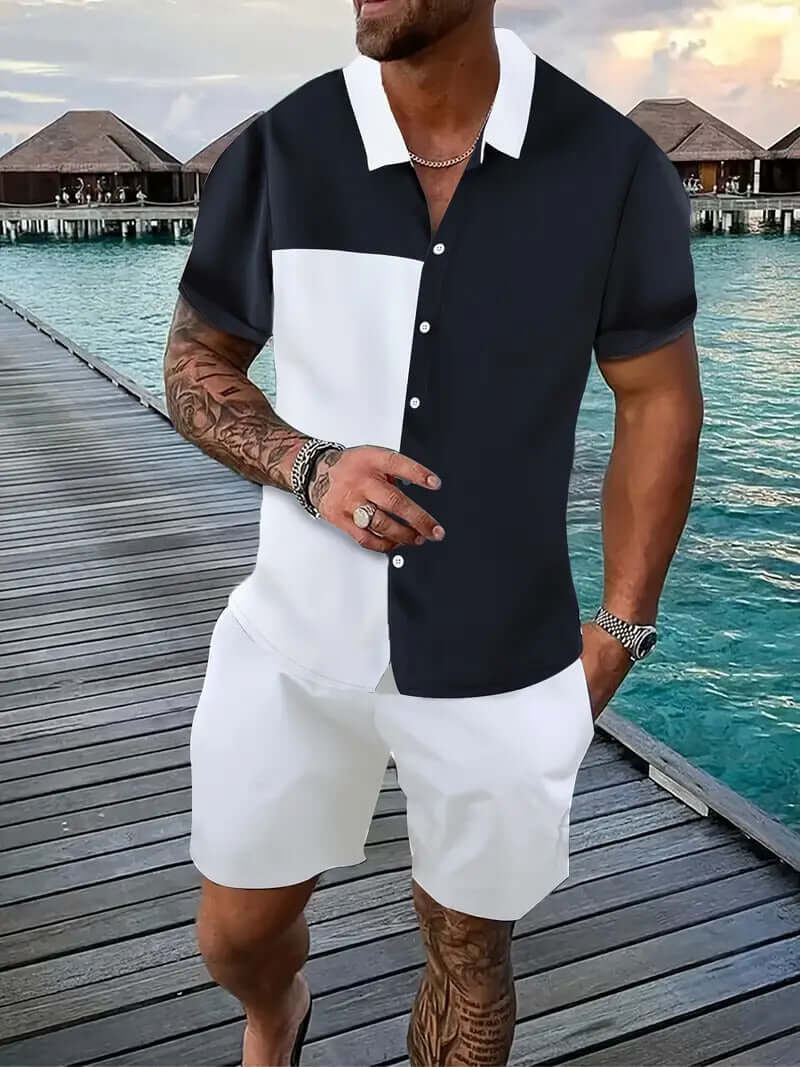 Men’s Summer 2-Piece Set – Short Sleeve Geometric Shirt & Shorts Casual Outfit | Phonax Services