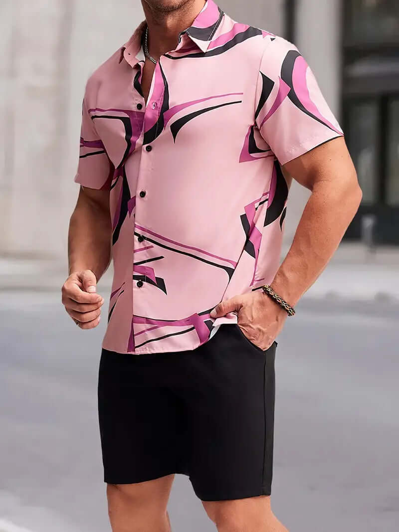 Men’s Summer 2-Piece Set – Short Sleeve Geometric Shirt & Shorts Casual Outfit | Phonax Services