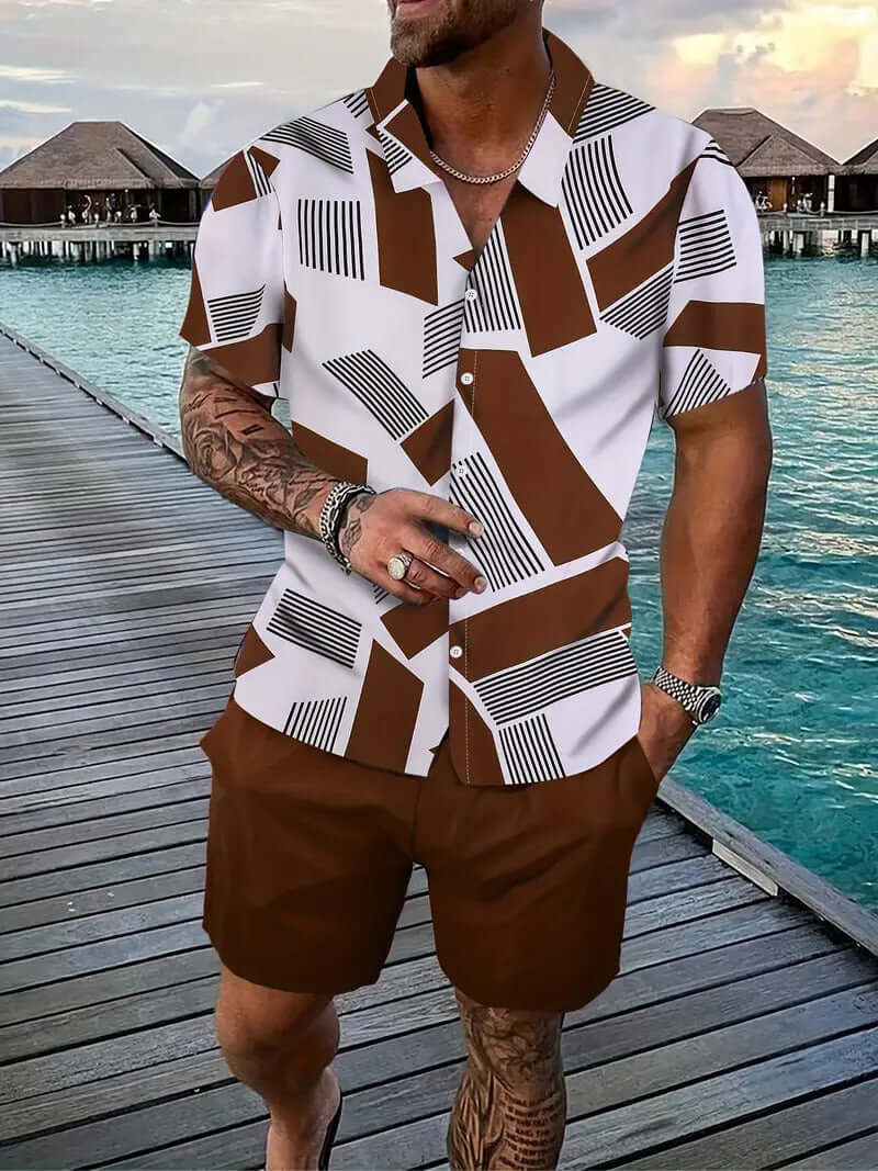 Men’s Summer 2-Piece Set – Short Sleeve Geometric Shirt & Shorts Casual Outfit | Phonax Services