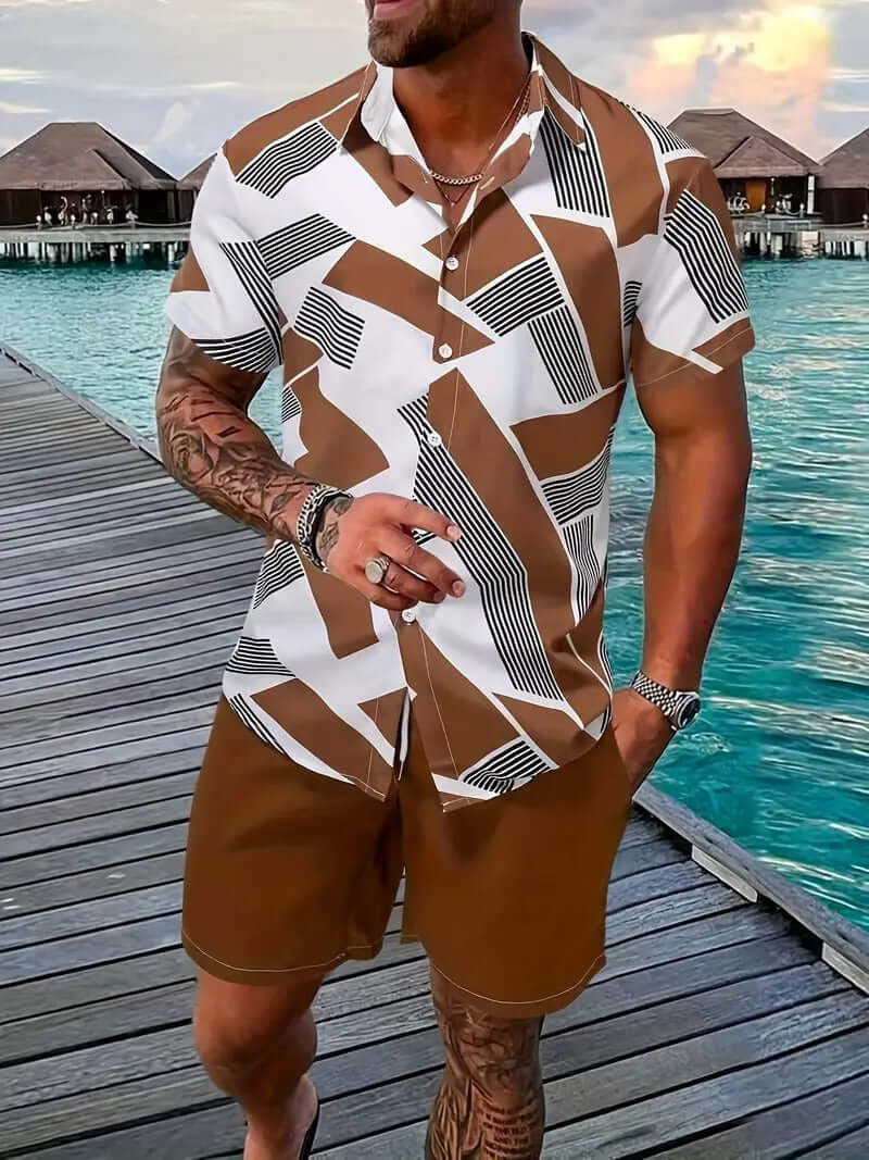 Men’s Summer 2-Piece Set – Short Sleeve Geometric Shirt & Shorts Casual Outfit | Phonax Services