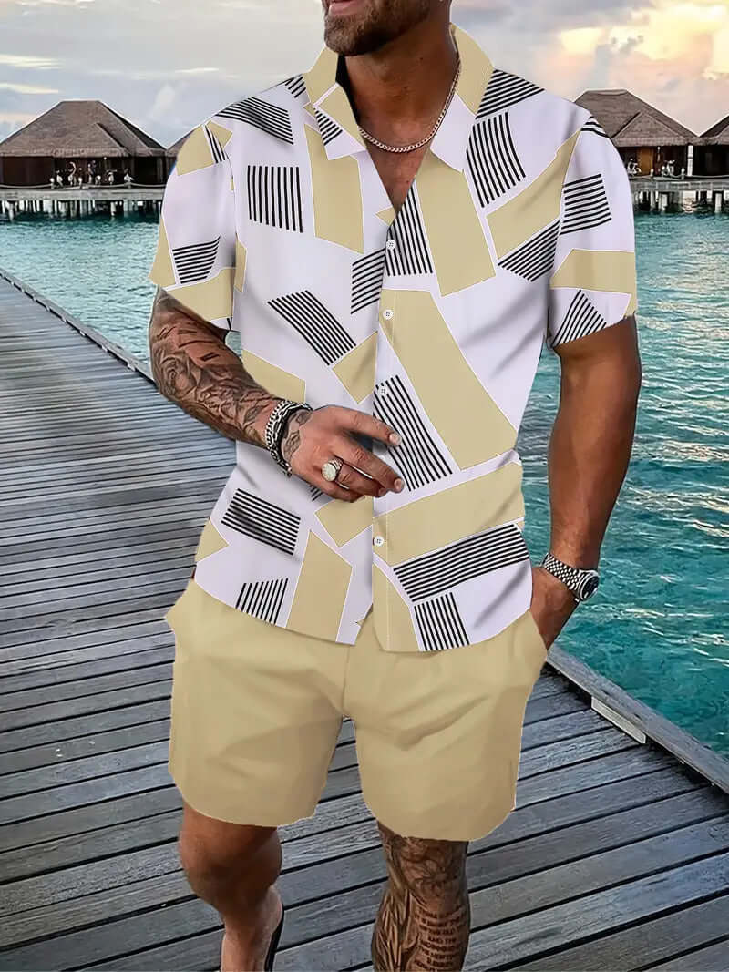 Men’s Summer 2-Piece Set – Short Sleeve Geometric Shirt & Shorts Casual Outfit | Phonax Services